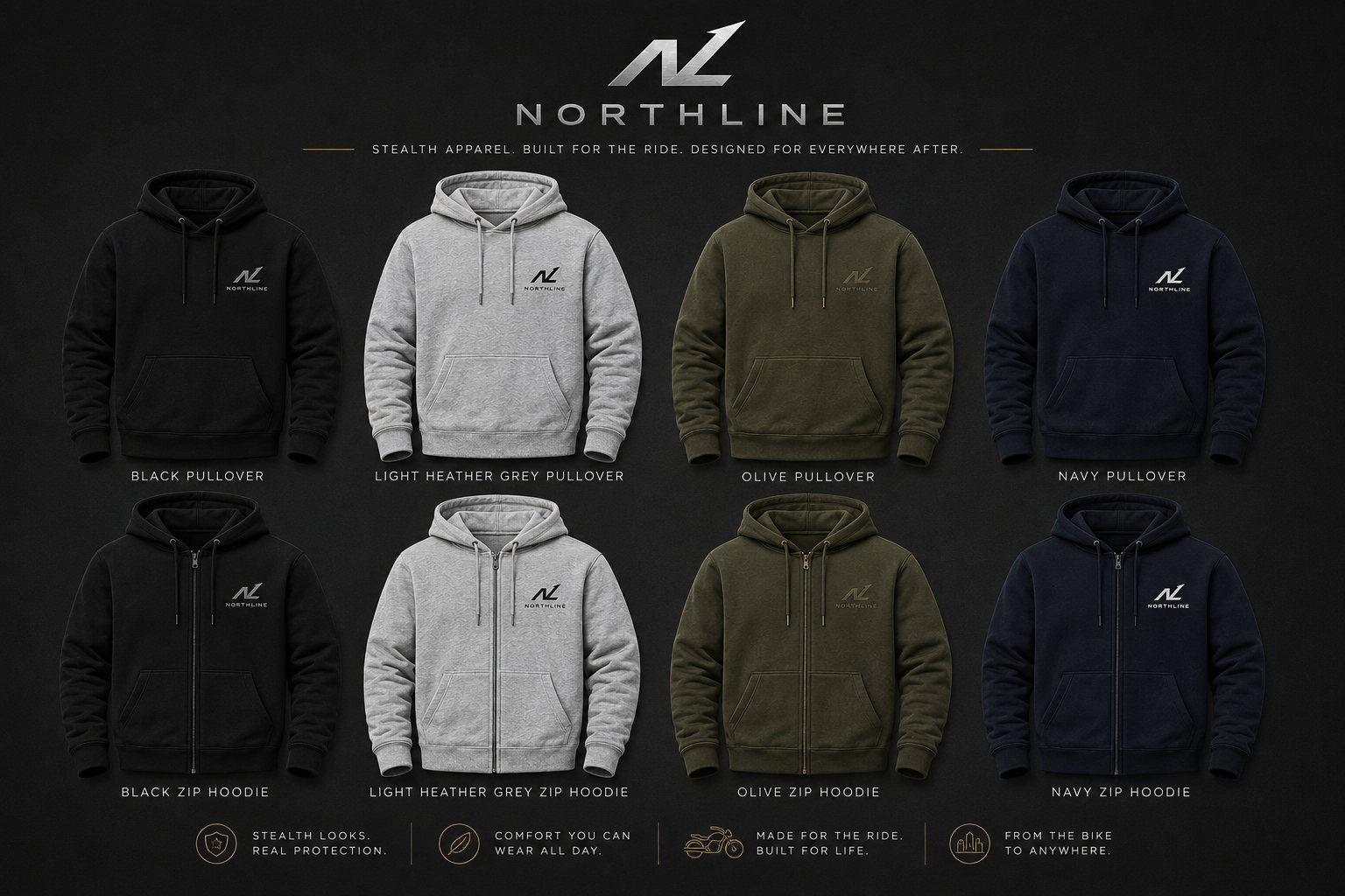 Northline Core motorcycle riding hoodie lineup in black, grey, olive and navy